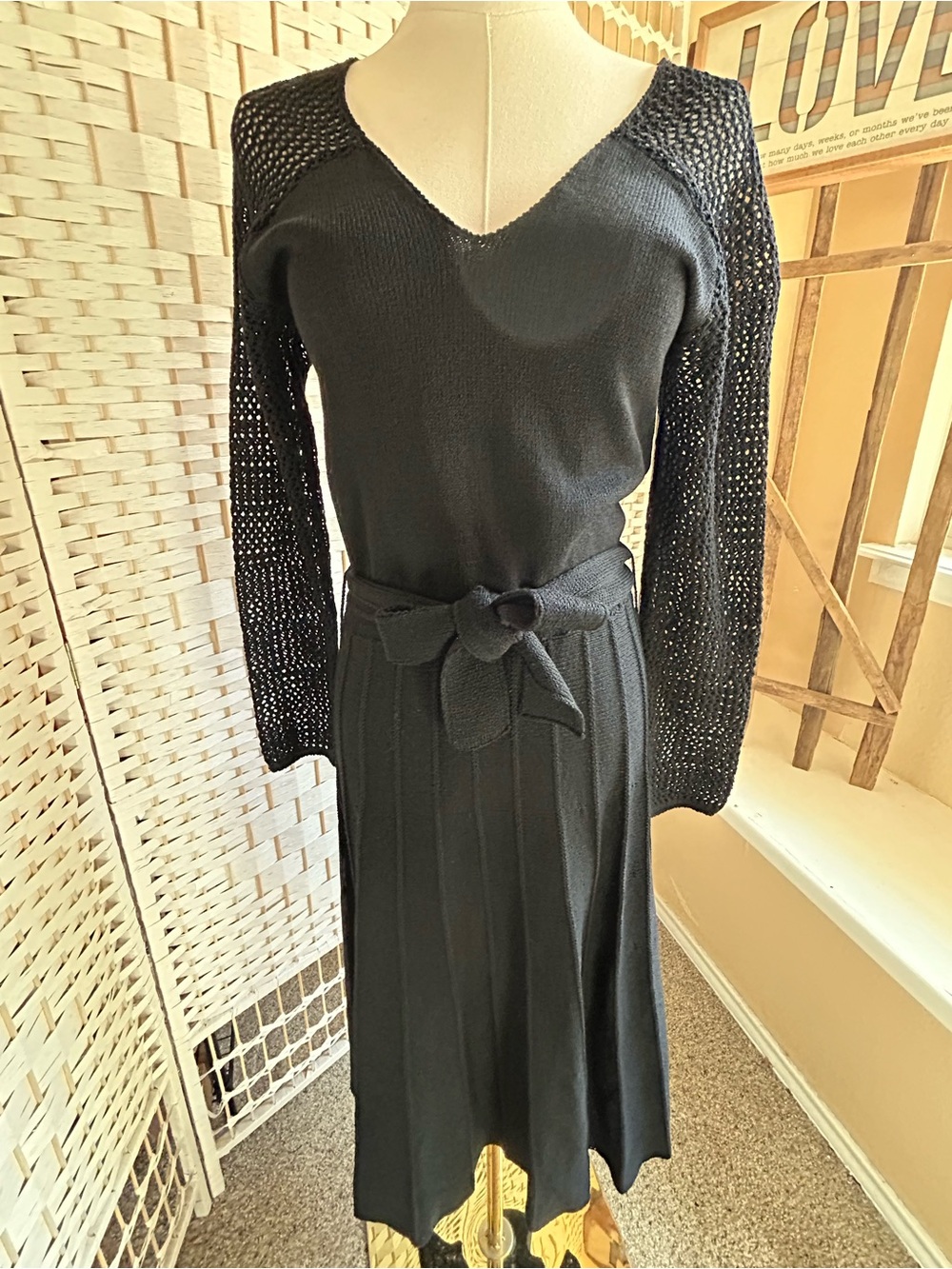 Vintage 80s LILLIE RUBIN Black Knit Midi Dress Crochet Statement Long Sleeve S-M